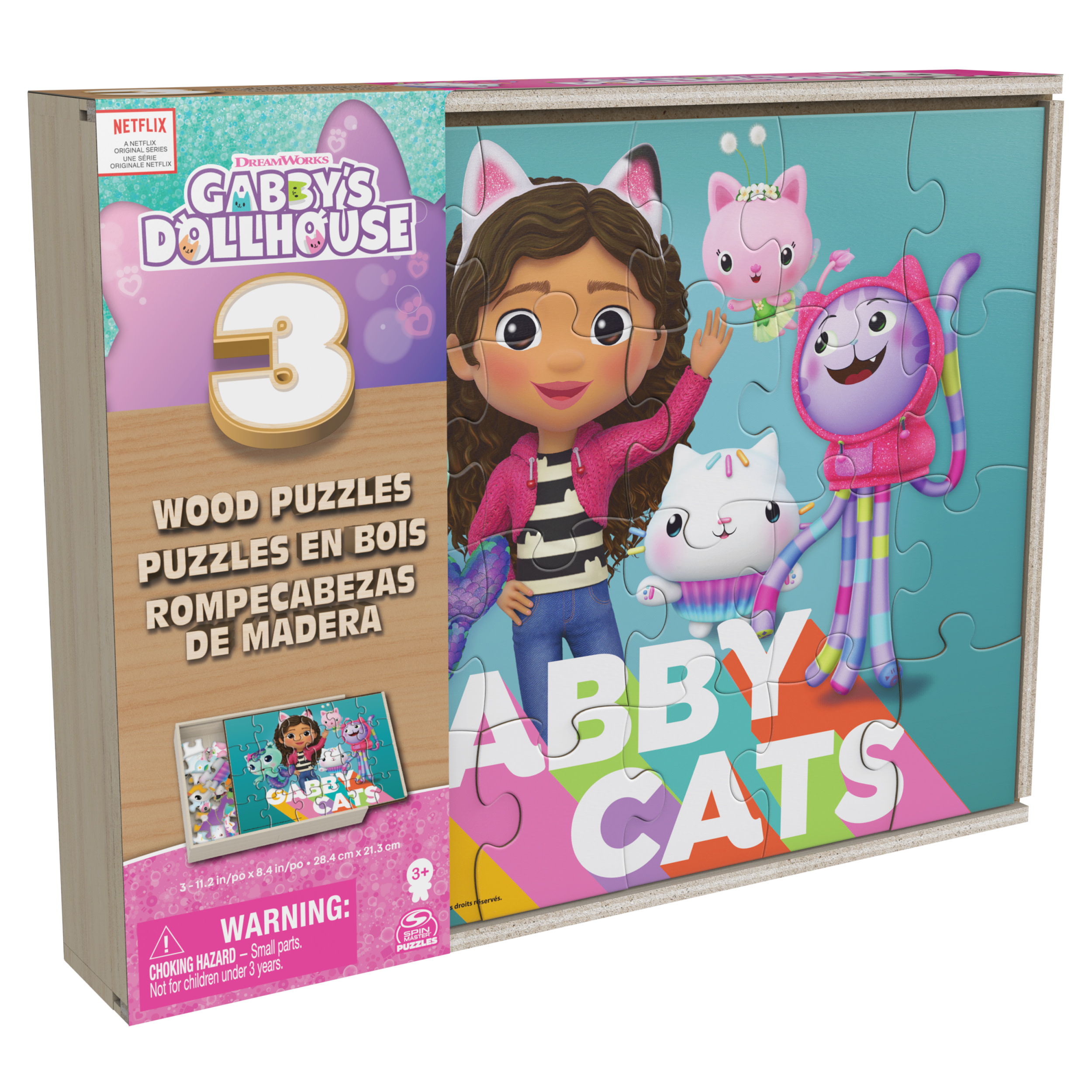 Gabby's Dollhouse - 3 Puzzles de Madeira | Cubos Luminosos