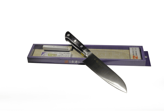 NARIHIRA #8000 MOLYBDENUM Steel With Bolster, SANTOKU, 165MM de hoja  FC-47