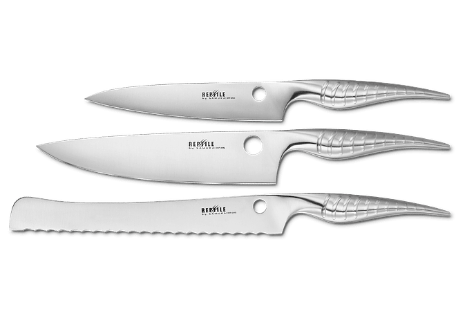 SAMURA , REPTILE, Set de 3 cuchillos, Pelador 168mm, Chef 200mm , Pan 235mm  | Cuchillos.cl