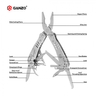Ganzo Multiherramienta de 26 funciones color gris, largo plegada 10,5   