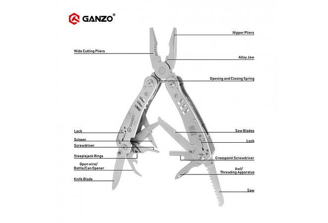 Ganzo Multiherramienta de 26 funciones color gris, largo plegada 10,5   
