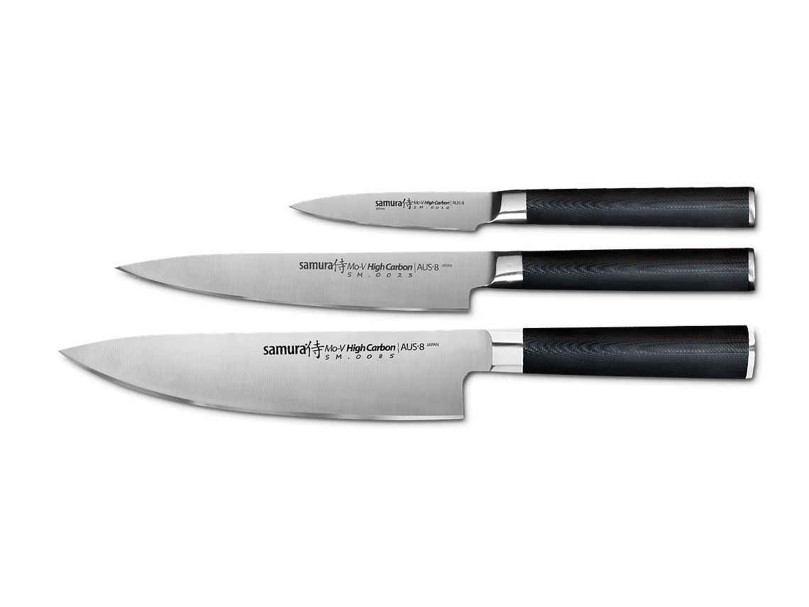 Set 3 cuchillos. Chef, Utilitario, Pelador. Acero AUS-8.  1