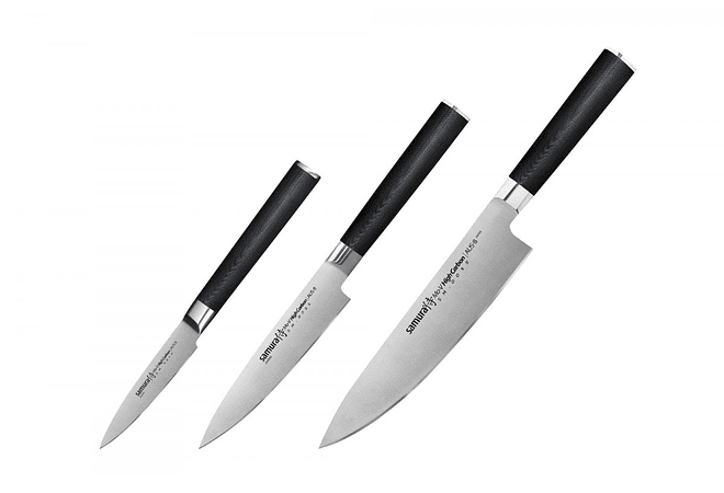 SAMURA MO-V, set de 3 cuchillos chef, utilitario y pelador