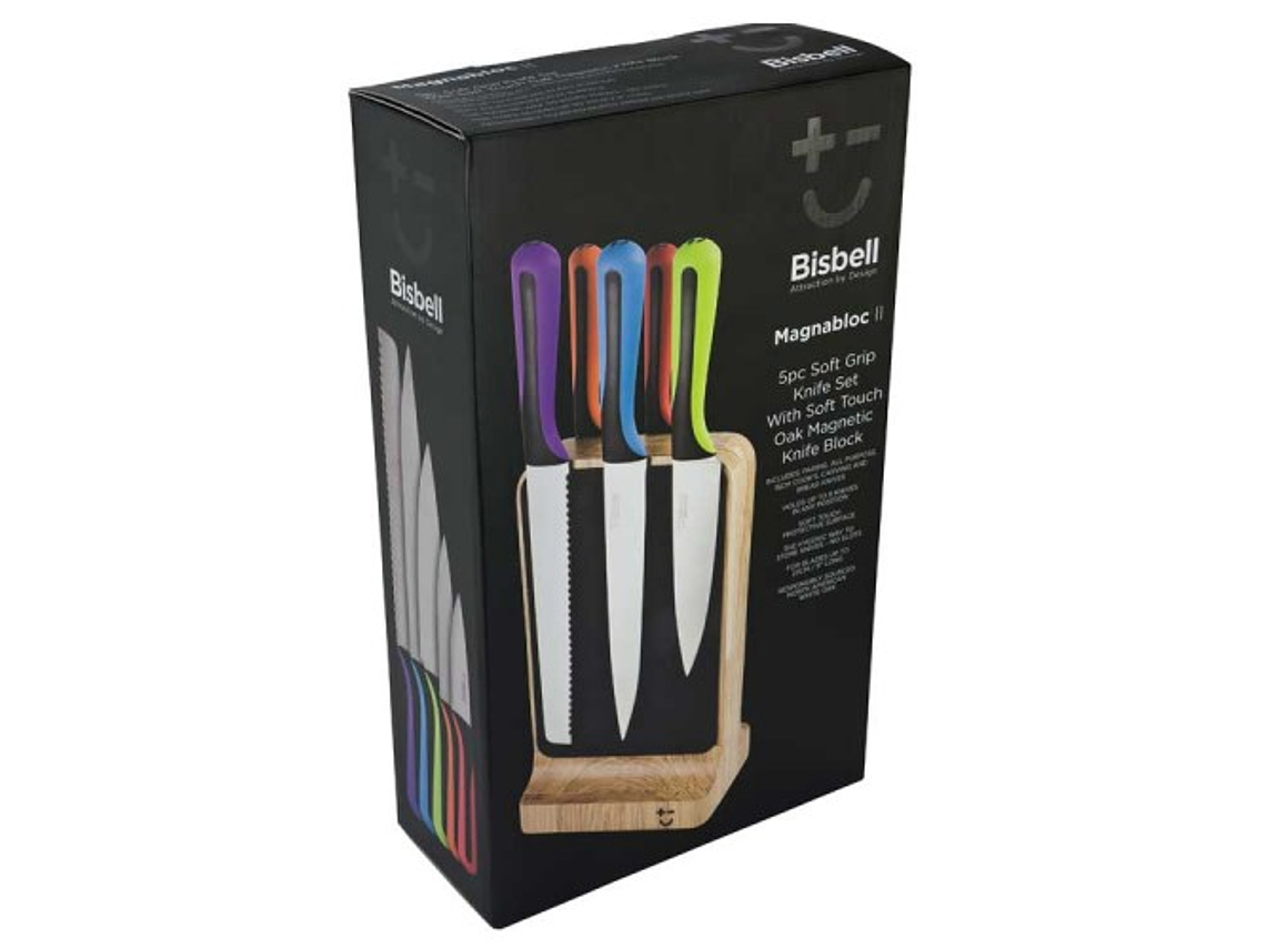 Bisbell Bloque de cuchillos de tacto suave de roble con set de 5 cuchillos 2