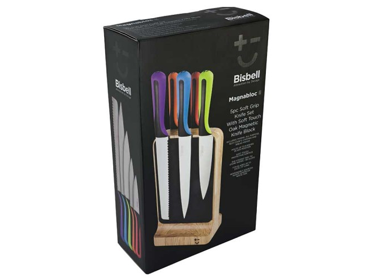 Bisbell Bloque de cuchillos de tacto suave de roble con set de 5 cuchillos 2
