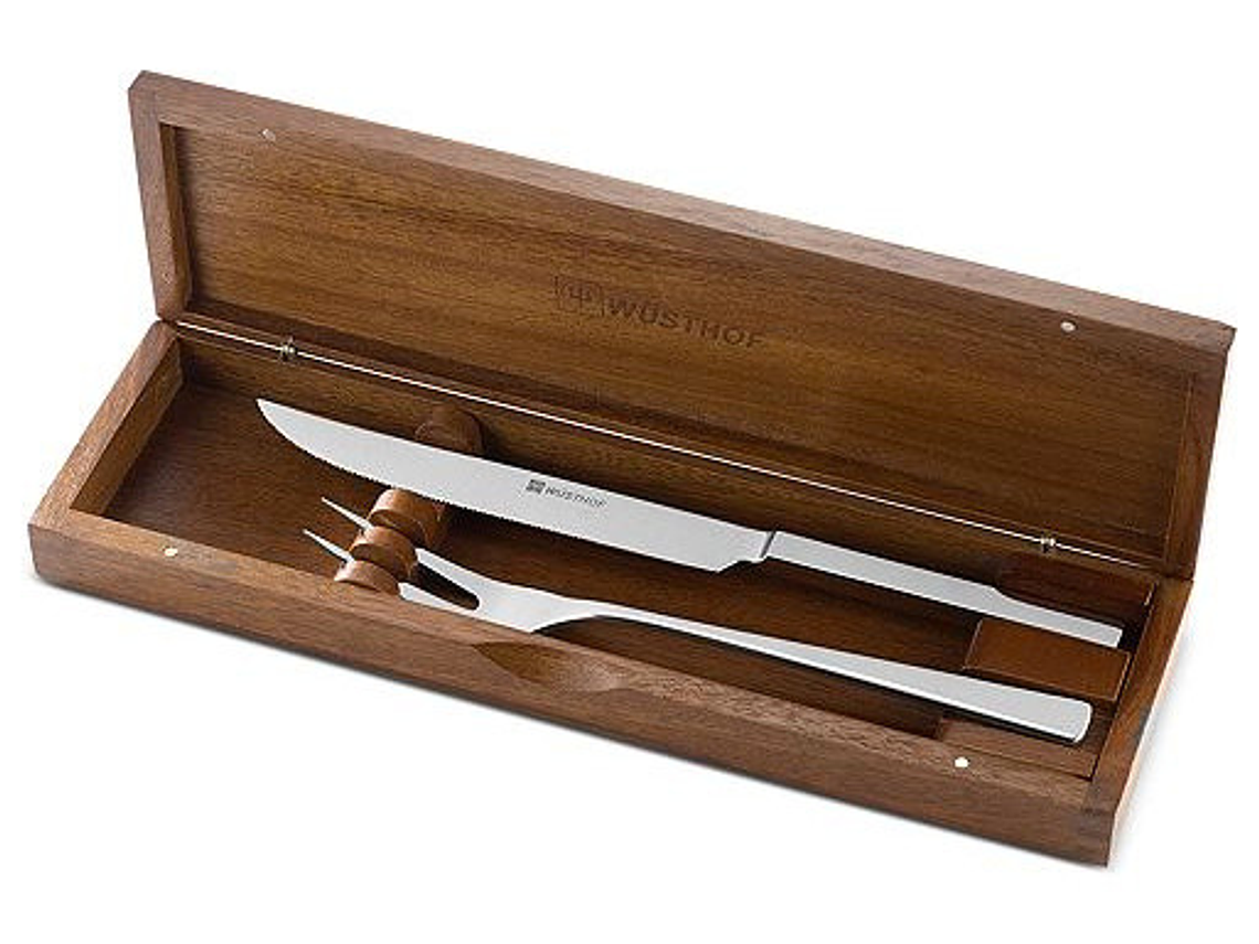 Set Asado. Cuchillo de Chef, Tenedor Trinchador. Caja Madera. 1
