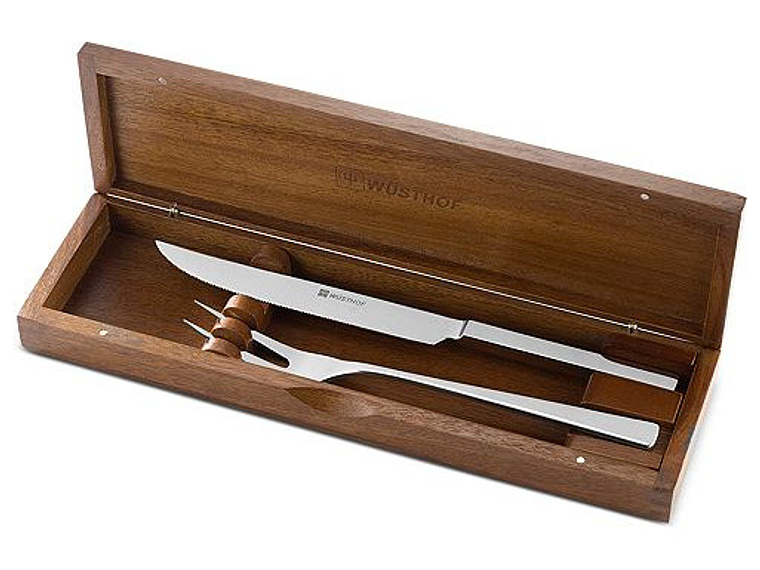 Set Asado. Cuchillo de Chef, Tenedor Trinchador. Caja Madera. 1