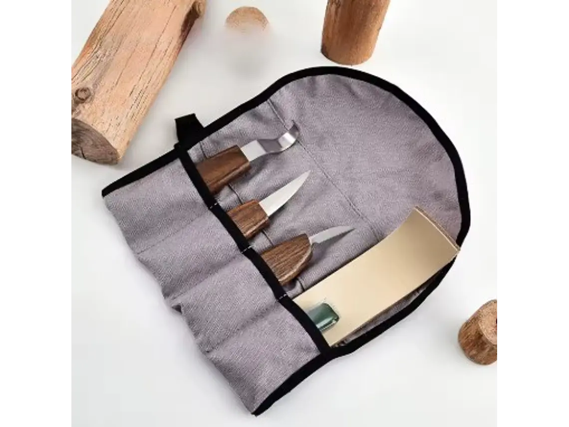 Set 3 Cuchillos para Tallar Madera. Estuche, Cuero, Pasta. 1