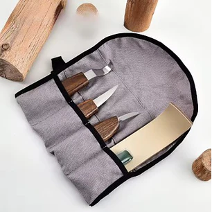 Set 3 Cuchillos para Tallar Madera. Estuche, Cuero, Pasta.