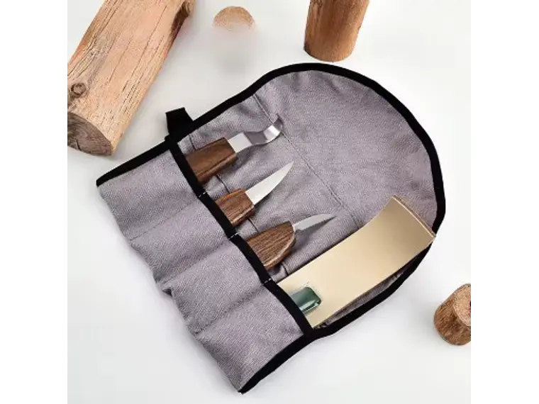 Set 3 Cuchillos para Tallar Madera. Estuche, Cuero, Pasta. 1