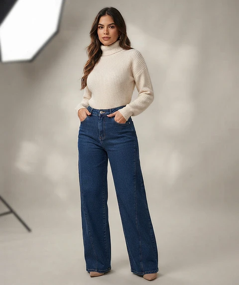 Jeans Palazo Mujer Tiro Alto Azul Marino
