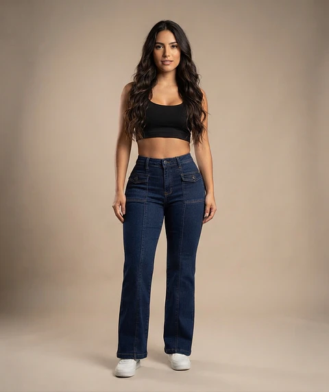 Jeans Wide Leg Mujer Tiro Alto Azul Marino