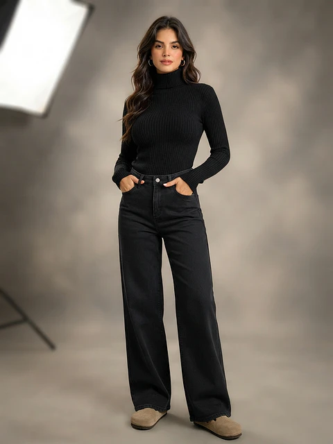 Jeans Wide Leg Mujer Tiro Alto Grafito Oscuro