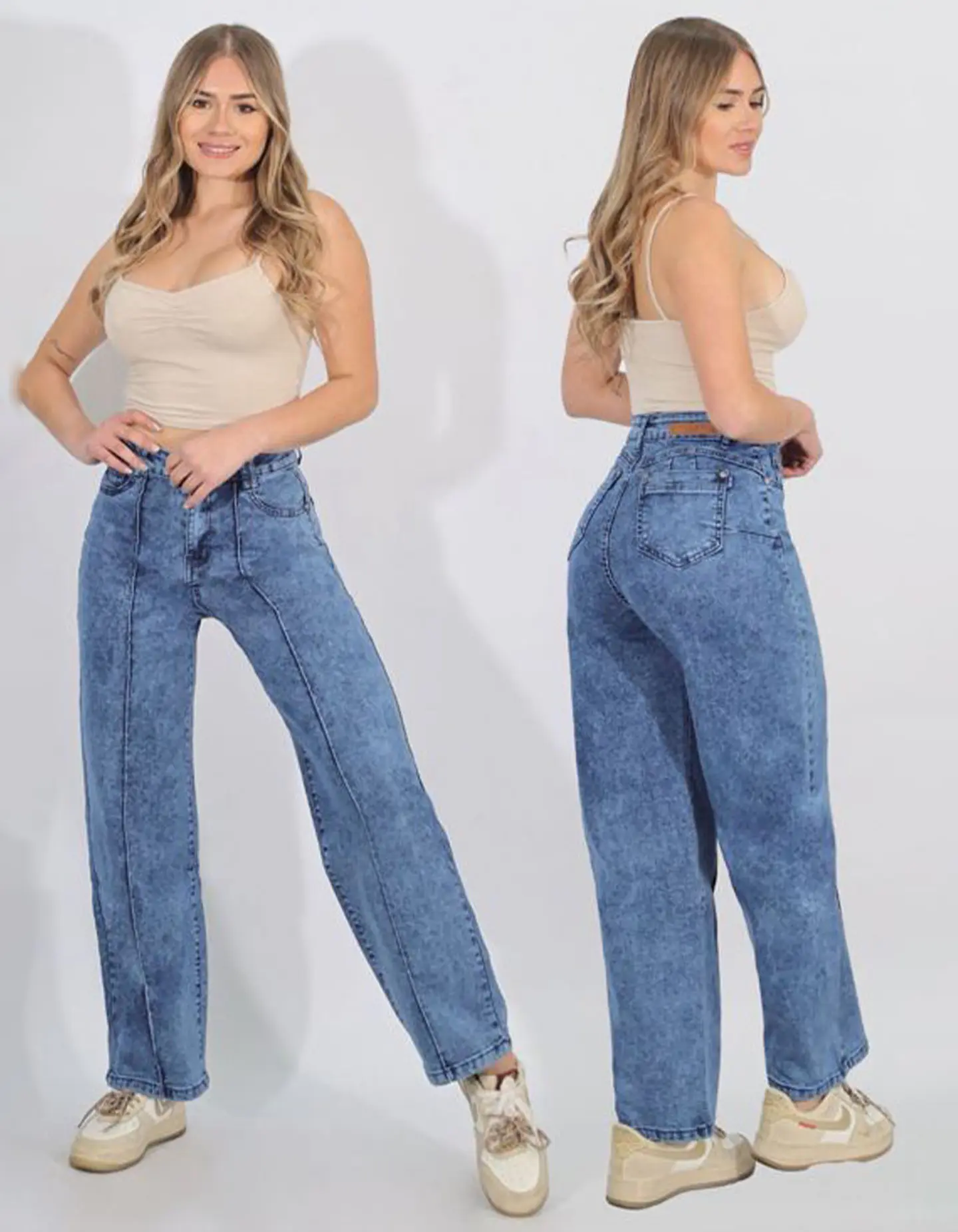Jeans Wide Leg Mujer Tiro Alto Azul Nevado Linea Frontal 1