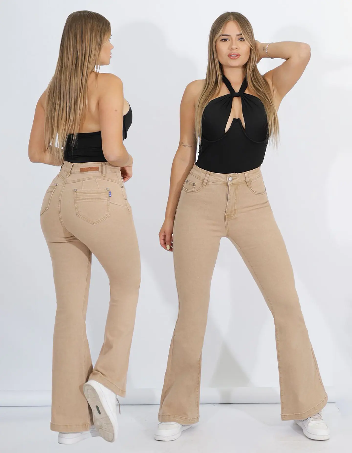 Jeans Flare Mujer Tiro Alto Beige con Push-Up 1