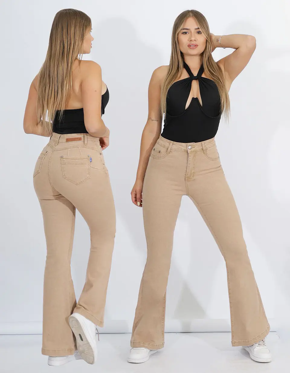 Jeans Flare Mujer Tiro Alto Beige con Push-Up 1