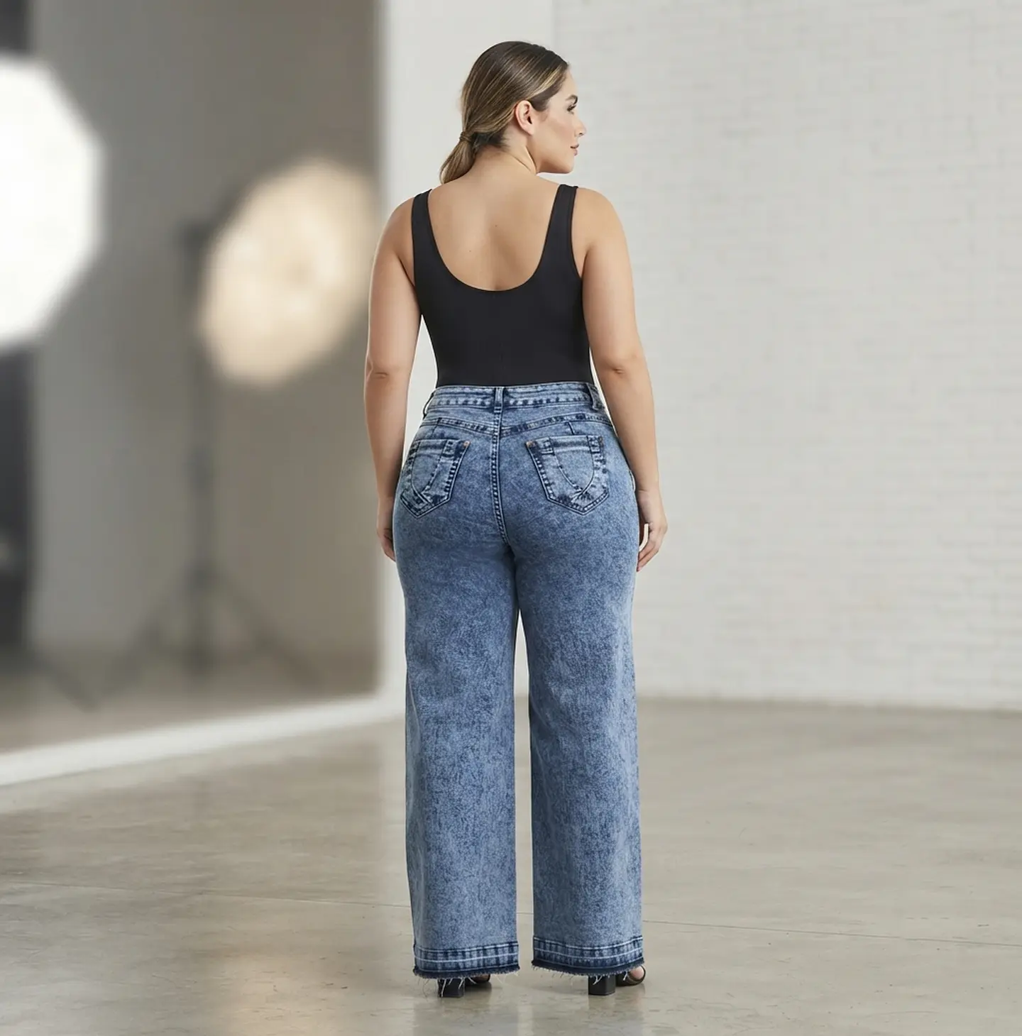 Jeans Wide Leg Mujer Tiro Alto Azul Jaspeado Basta Descocida 2