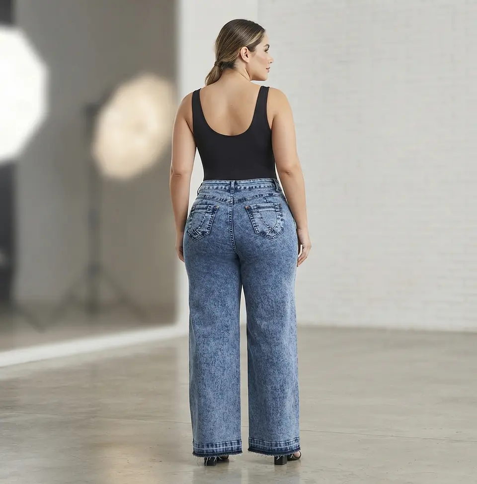 Jeans Wide Leg Mujer Tiro Alto Azul Jaspeado Basta Descocida 2