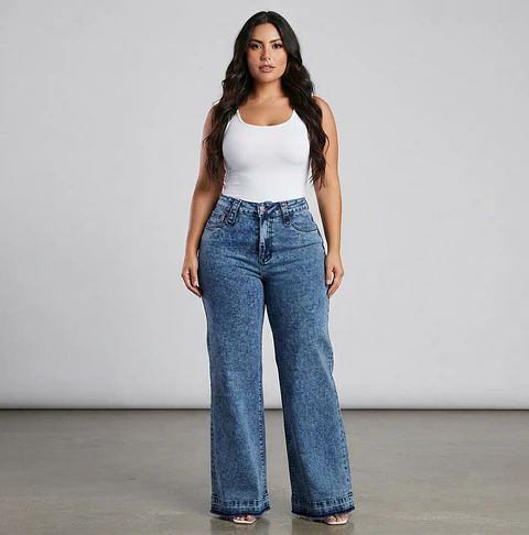 Jeans Wide Leg Mujer Tiro Alto Azul Jaspeado Basta Descocida