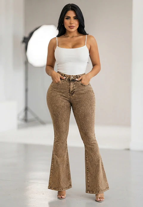Jeans Flare Acampanado Beige Nevado con Push-Up