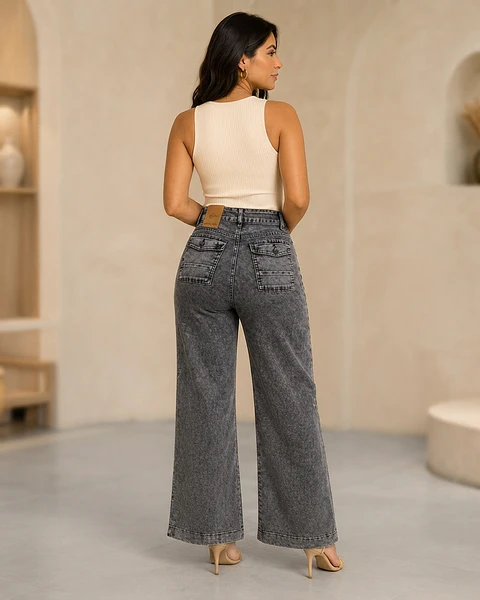 Jeans Palazo Tiro Alto Mujer Gris Grafito Jaspeado