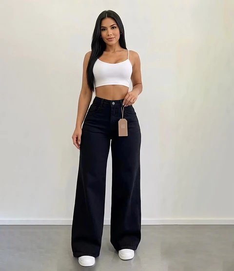 Jeans Palazo Wide Leg Mujer Tiro Alto Negro Solido