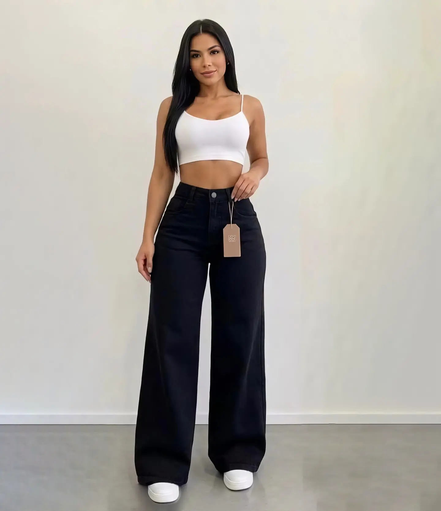 Jeans Palazo Wide Leg Mujer Tiro Alto Negro Solido 1