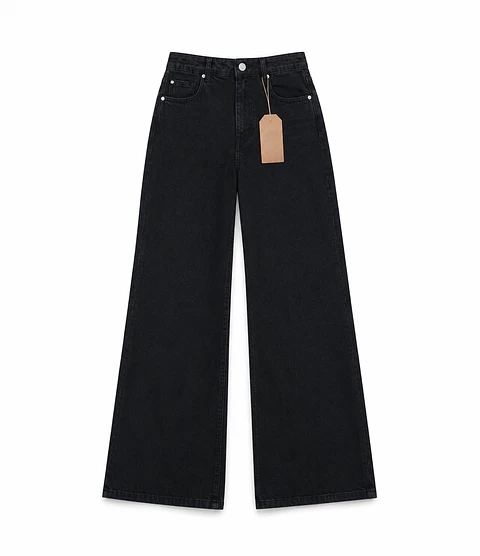 Jeans Palazo Wide Leg Mujer Tiro Alto Negro Solido