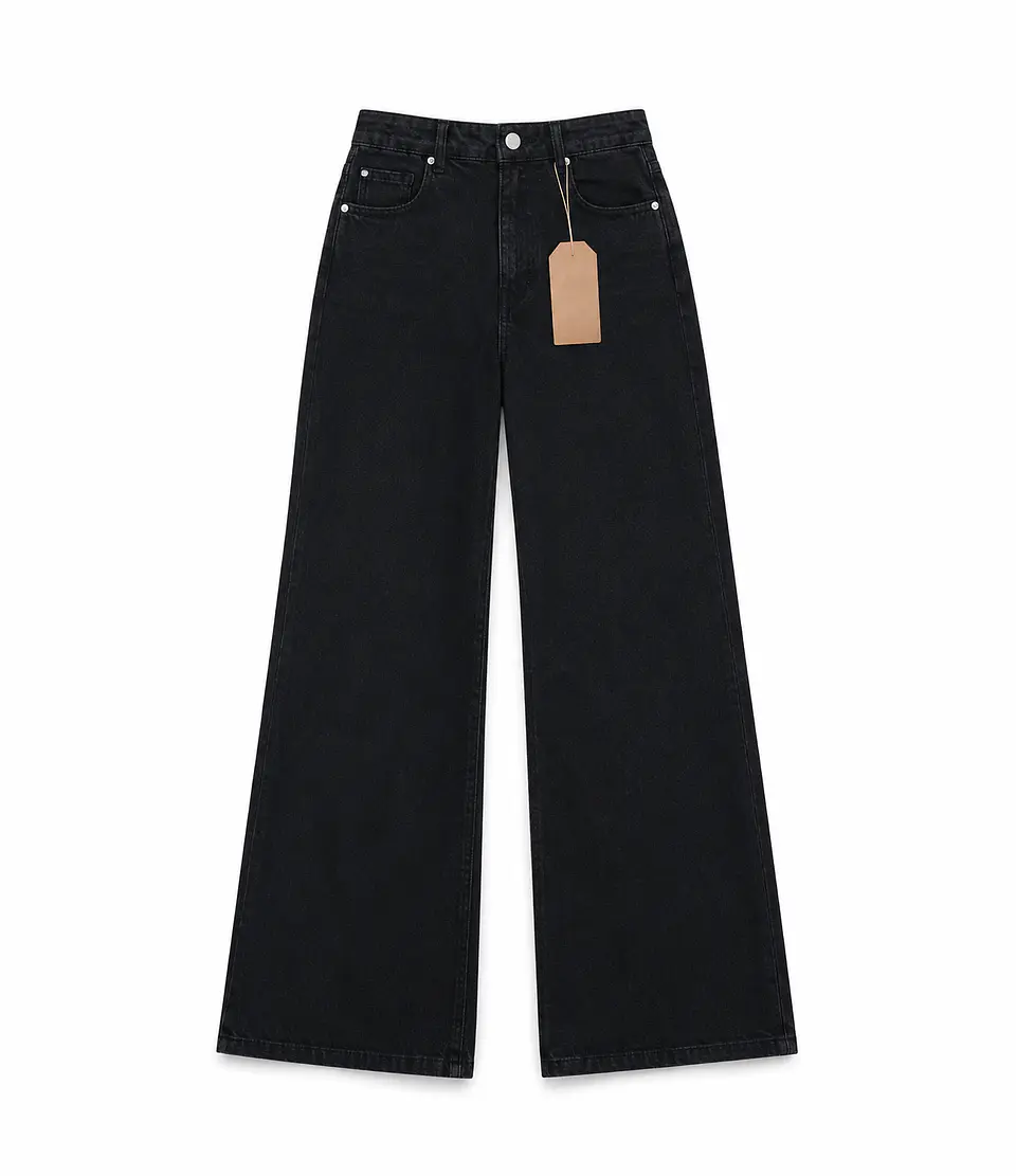 Jeans Palazo Wide Leg Mujer Tiro Alto Negro Solido 3