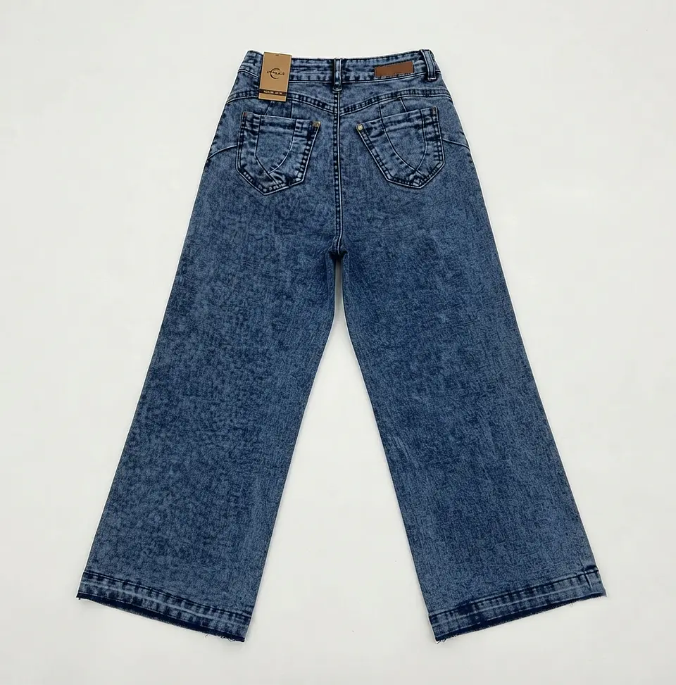 Jeans Wide Leg Mujer Tiro Alto Azul Jaspeado Basta Descocida 4