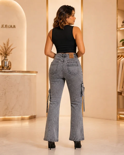 Jeans Flare Cargo Mujer Tiro Alto Gris Jaspeado
