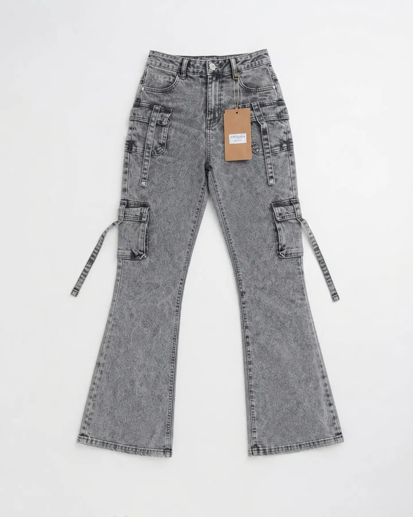 Jeans Flare Cargo Mujer Tiro Alto Gris Jaspeado 3