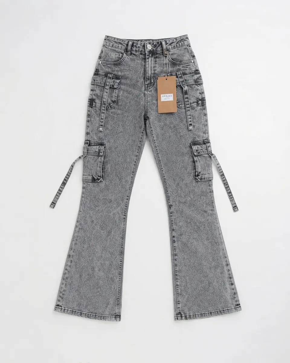 Jeans Flare Cargo Mujer Tiro Alto Gris Jaspeado 3