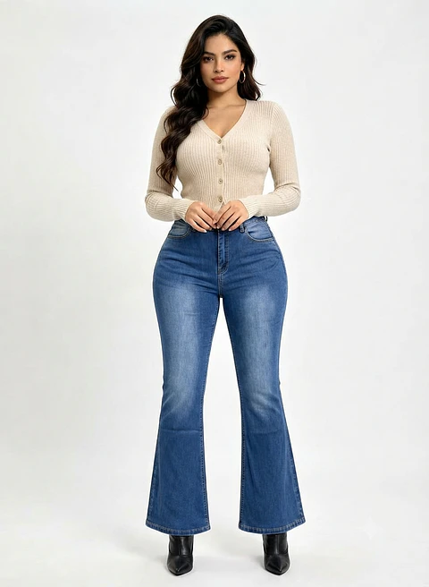Jeans Flare Mujer Tiro Alto Azul Clásico Focalizado