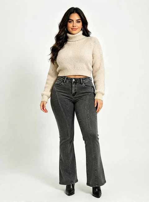 Jeans Flare Mujer Tiro Alto Grafito Costura Frontal