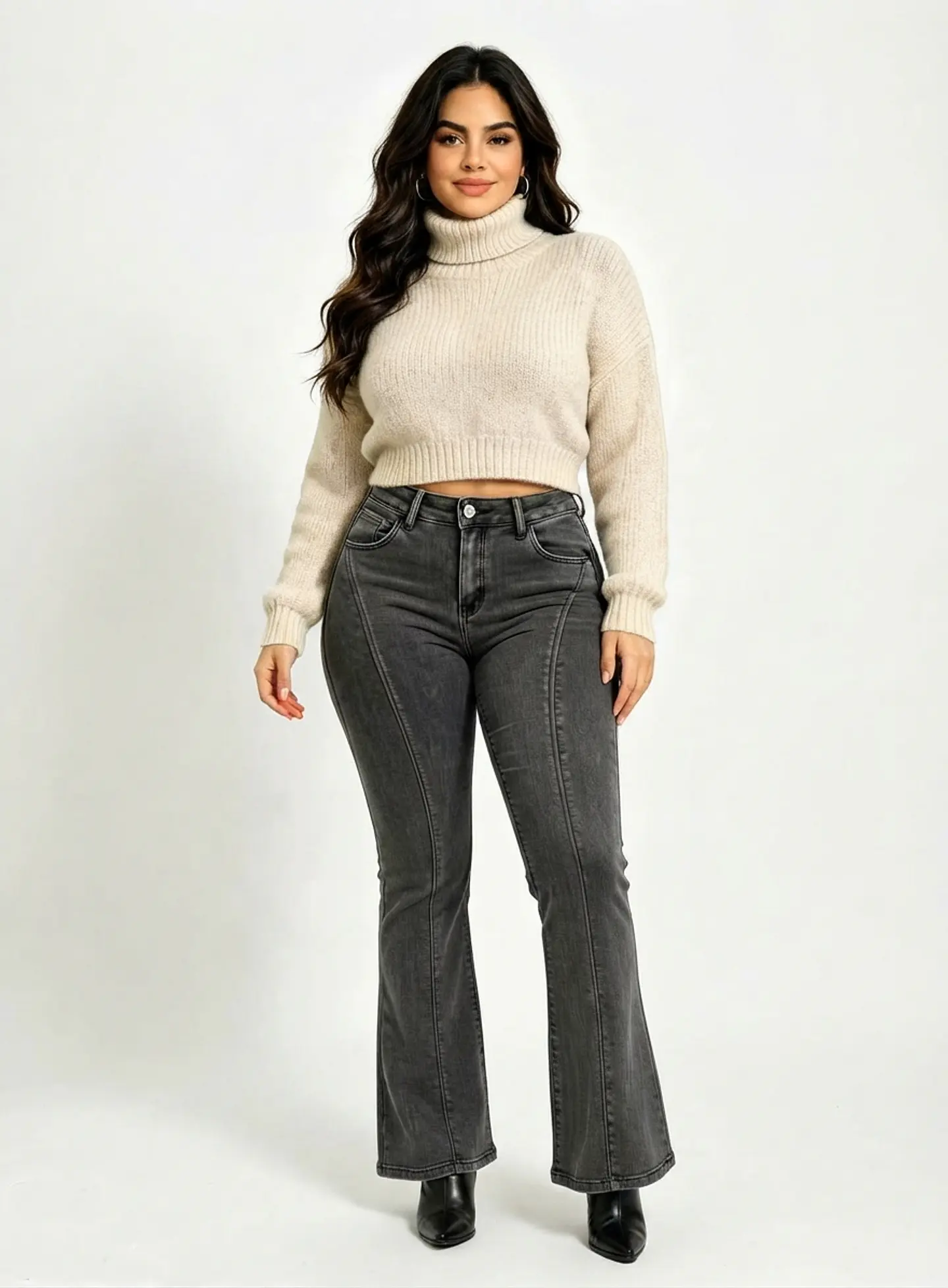Jeans Flare Mujer Tiro Alto Grafito Costura Frontal 1