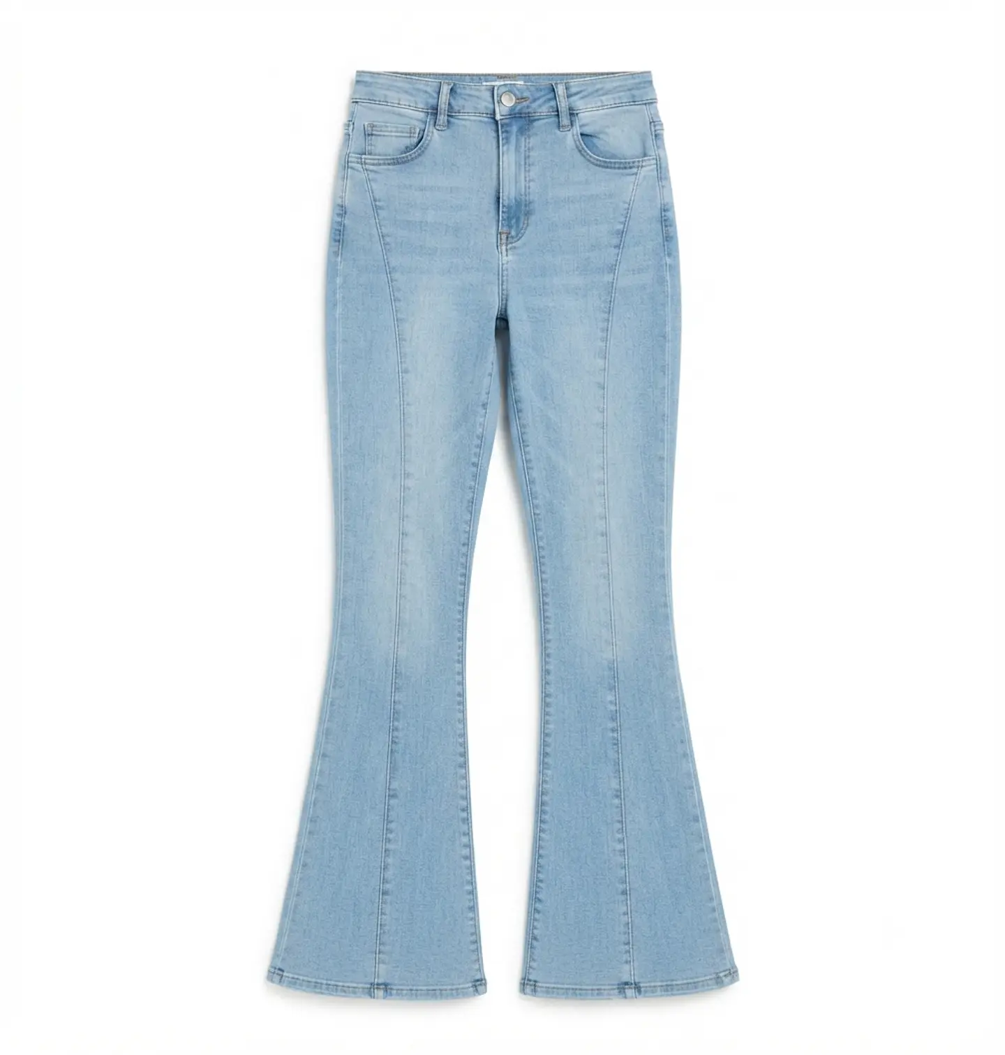 Jeans Flare Mujer Tiro Alto Celeste Lavado Costura Frontal 3