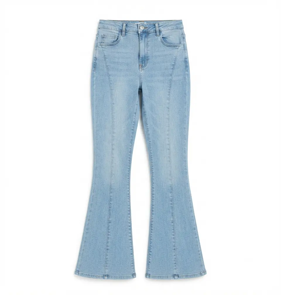 Jeans Flare Mujer Tiro Alto Celeste Lavado Costura Frontal 3