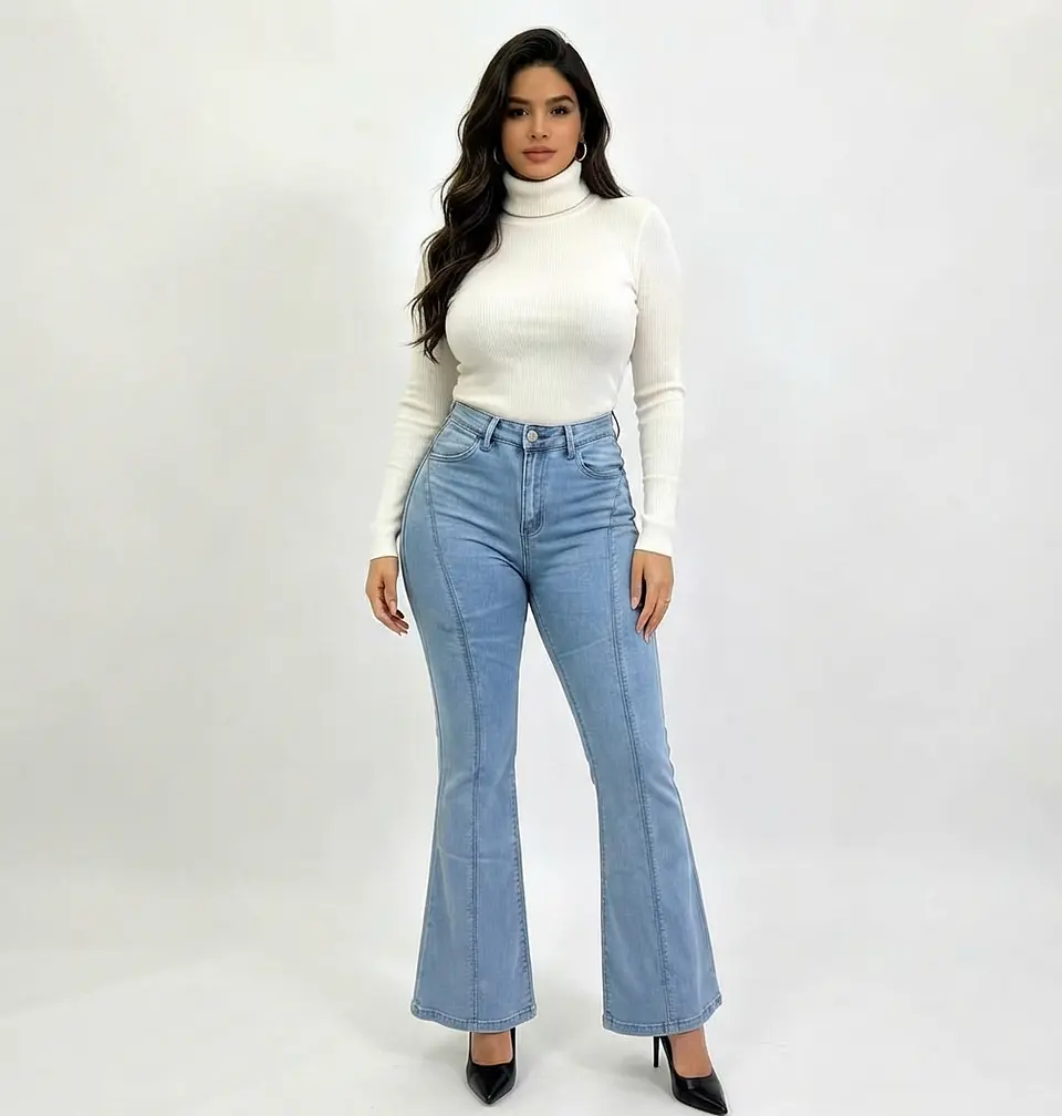 Jeans Flare Mujer Tiro Alto Celeste Lavado Costura Frontal 1