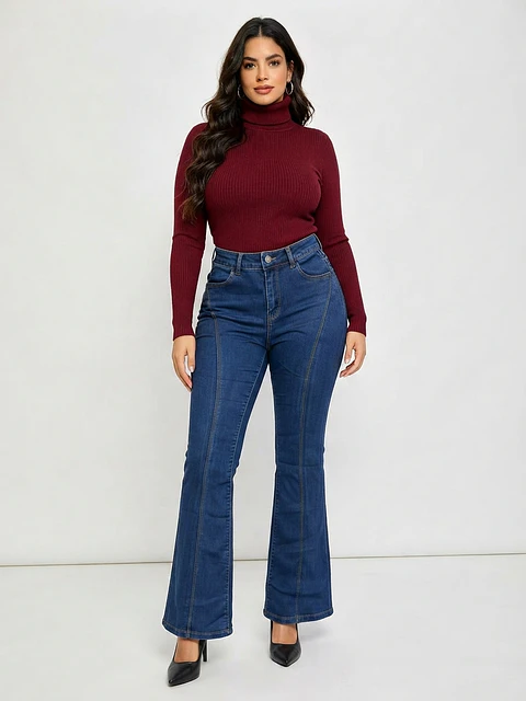 Jeans Flare Mujer Tiro Alto Azul Marino Costura Frontal