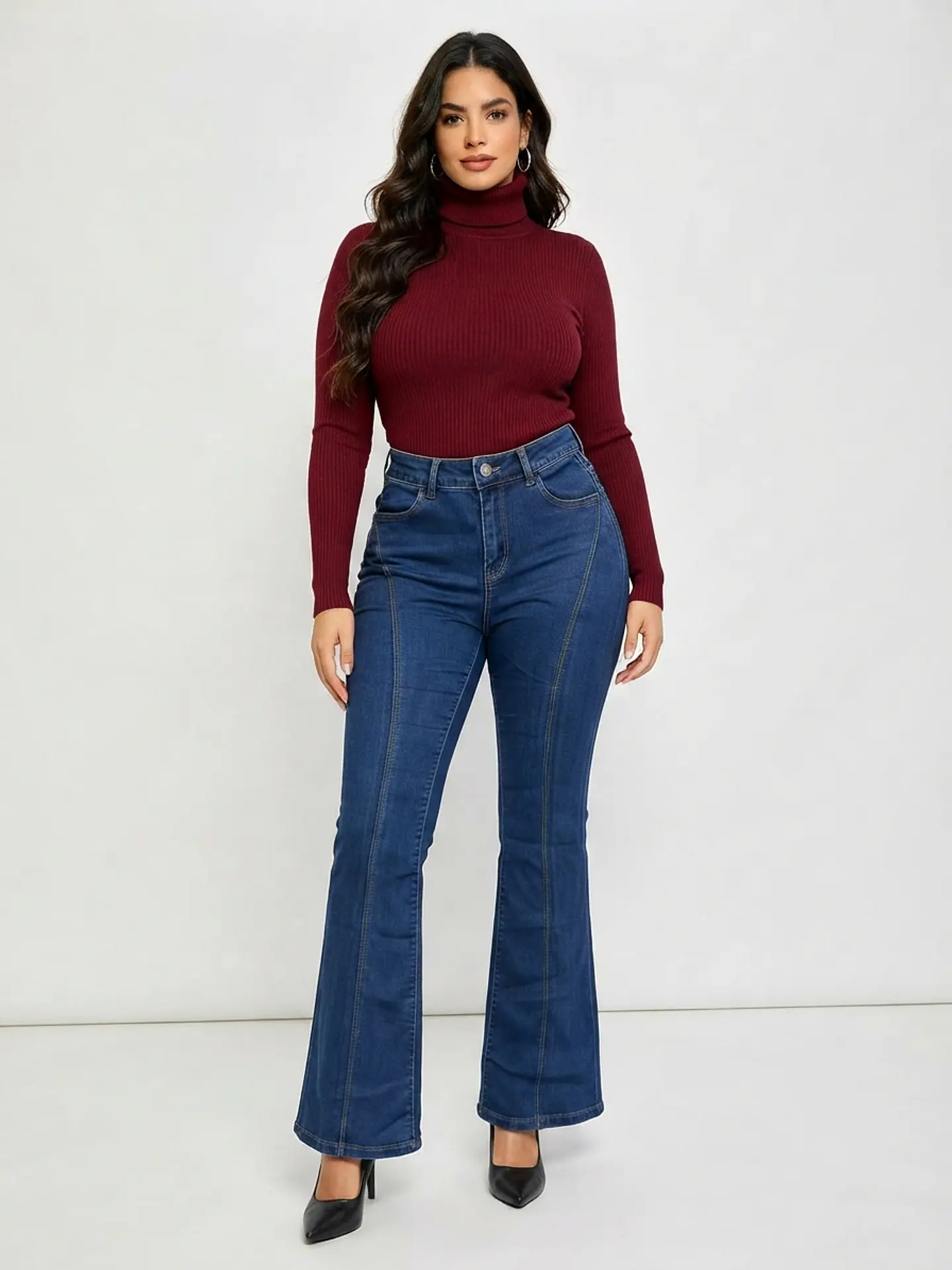 Jeans Flare Mujer Tiro Alto Azul Marino Costura Frontal 1