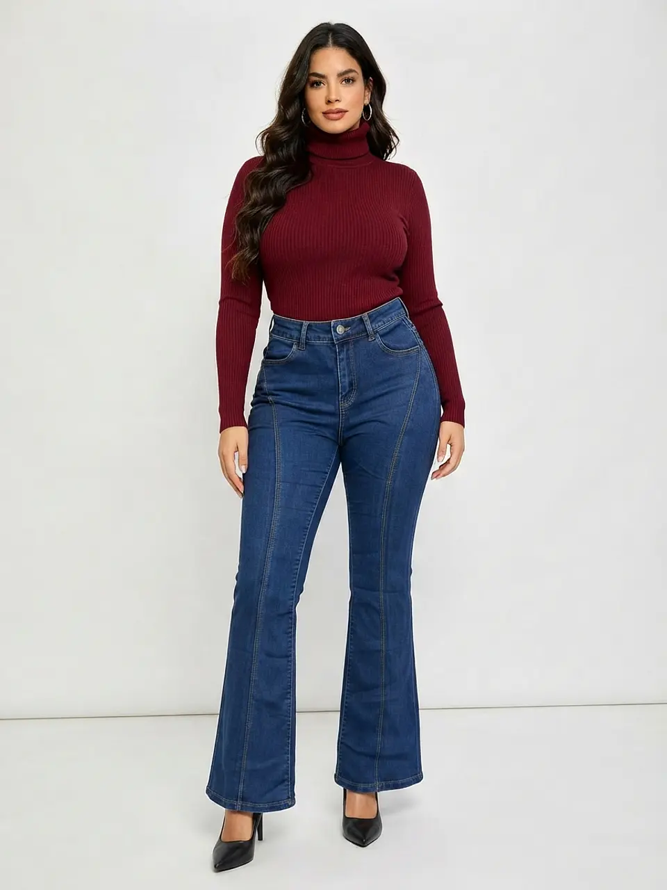 Jeans Flare Mujer Tiro Alto Azul Marino Costura Frontal 1