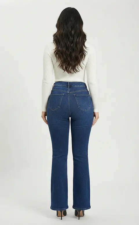 Jeans Flare Mujer Tiro Alto Azul Marino Costura Frontal