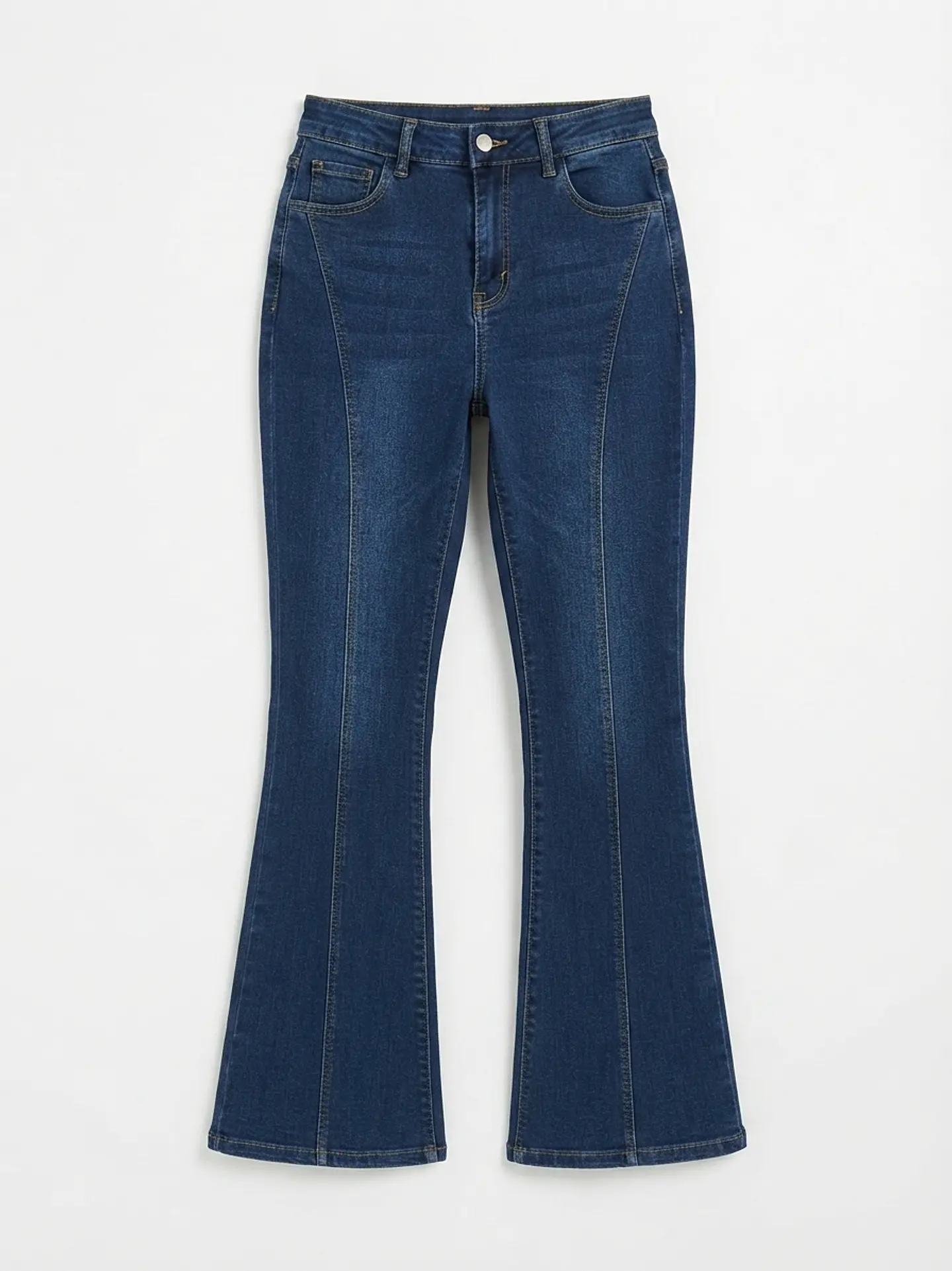 Jeans Flare Mujer Tiro Alto Azul Marino Costura Frontal 3