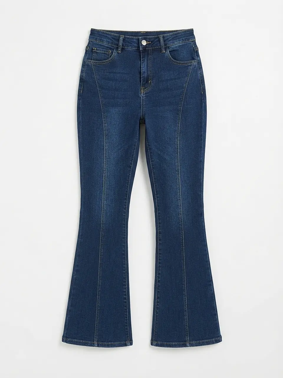 Jeans Flare Mujer Tiro Alto Azul Marino Costura Frontal 3