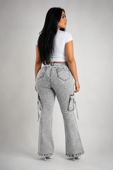 Jeans Flare Cargo Mujer Tiro Alto Gris Nevado Plus Size