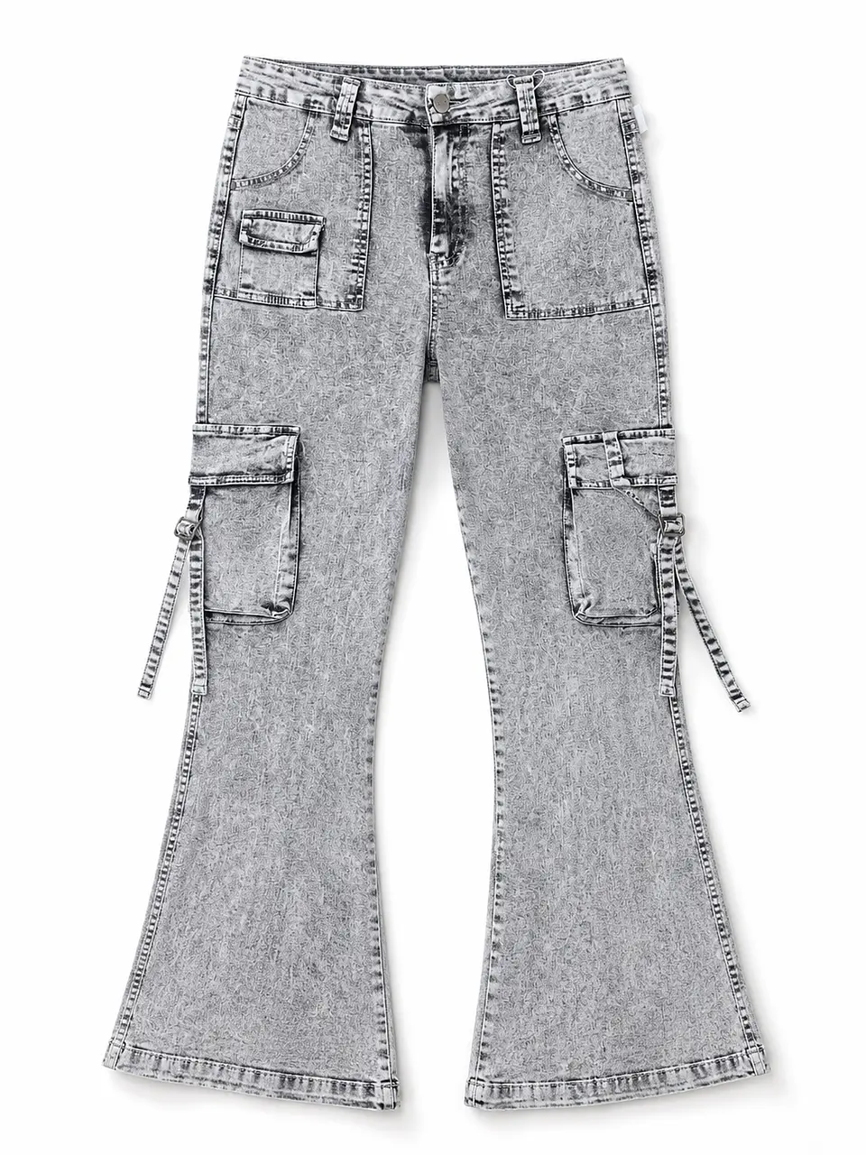 Jeans Flare Cargo Mujer Tiro Alto Gris Nevado Plus Size 3