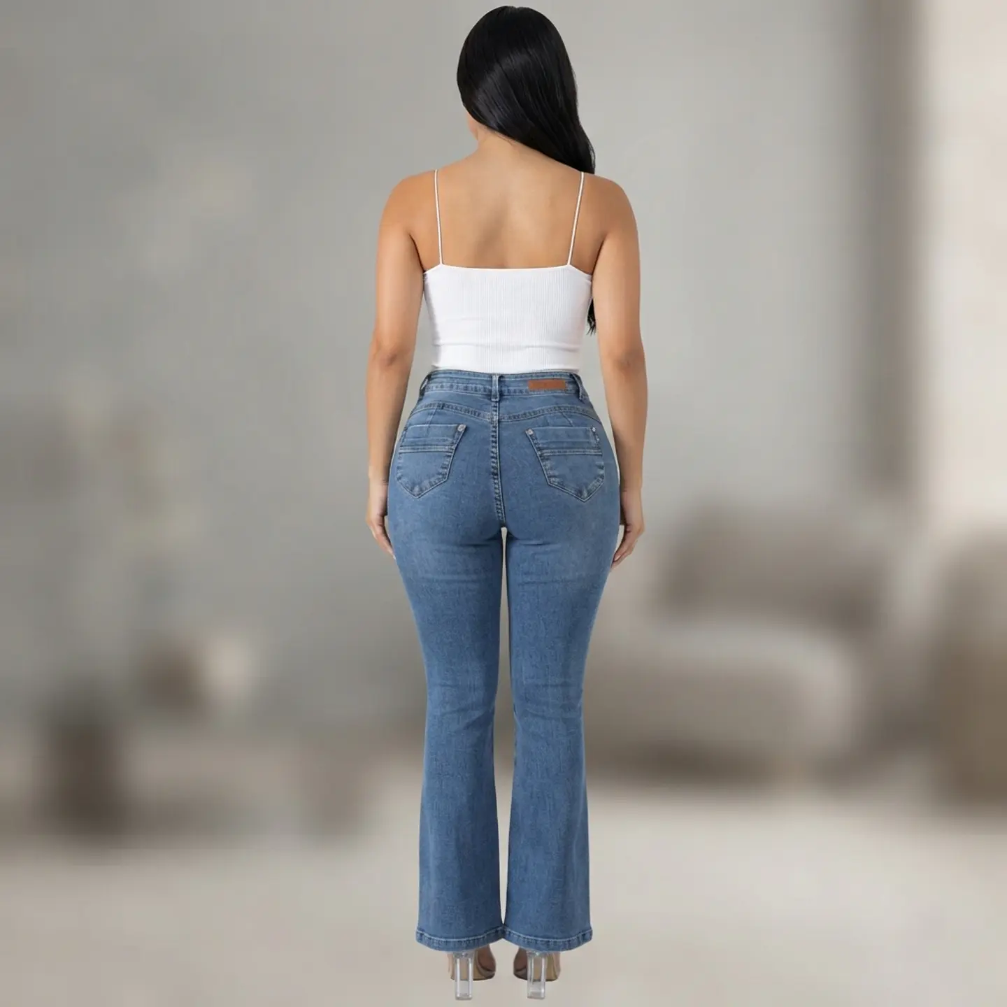 Jeans Flare Mujer Tiro Alto Azul Clásico Lavado Elasticado 3