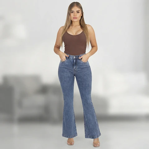 Jeans Flare Mujer Tiro Alto Azul Clásico Lavado Elasticado