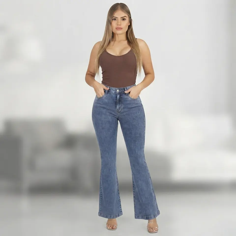 Jeans Flare Mujer Tiro Alto Azul Clásico Lavado Elasticado 1